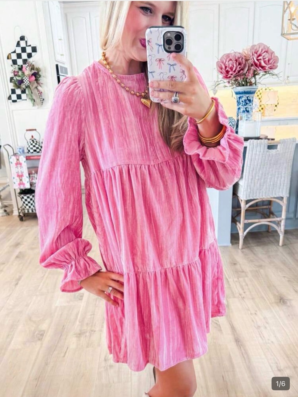 Pink Tiered Long Sleeve Mini Dress